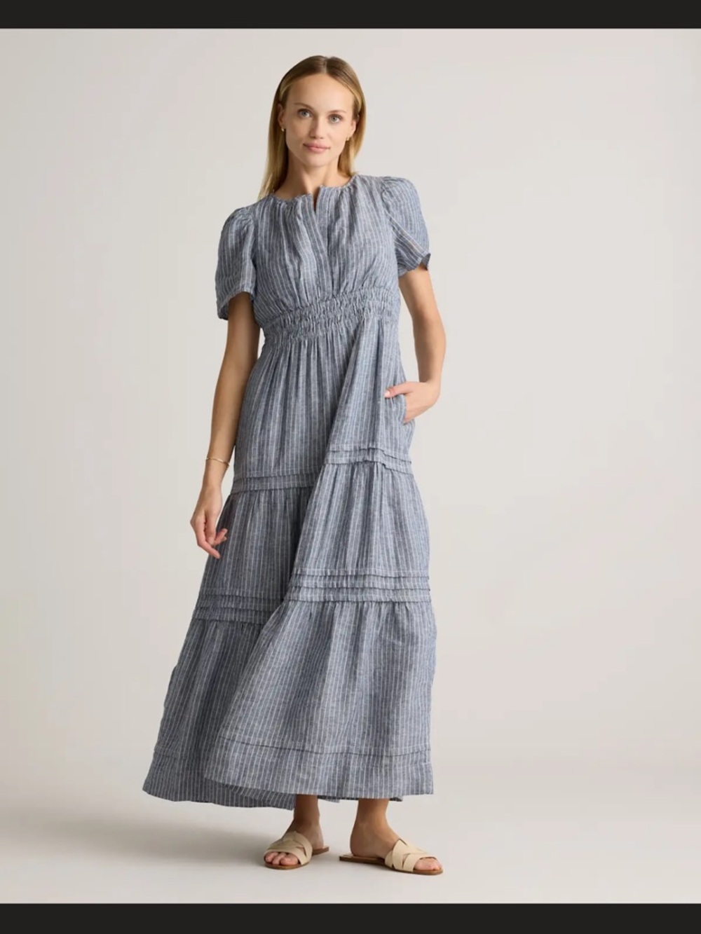NWT Quince Chambray Stripe Tiered Linen Maxi Dress XS